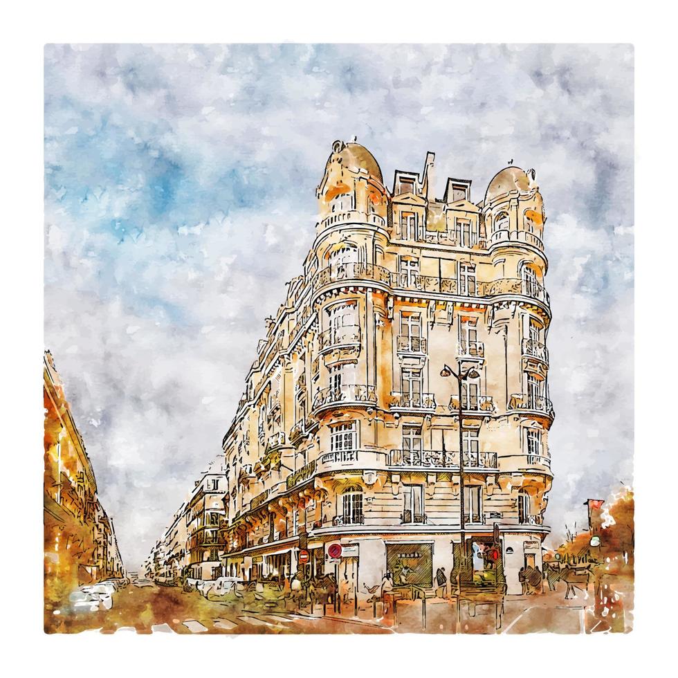 illustrazione disegnata a mano di schizzo dell'acquerello di architettura parigi francia vettore