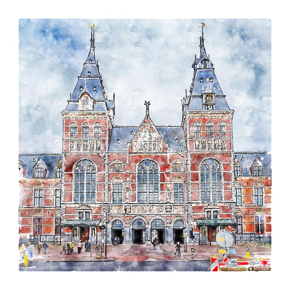 illustrazione disegnata a mano di schizzo dell'acquerello di Amsterdam Paesi Bassi di architettura vettore