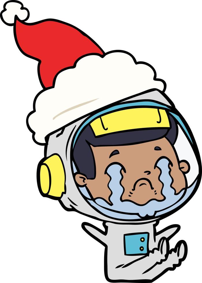 disegno a tratteggio di un astronauta piangente che indossa il cappello di Babbo Natale vettore