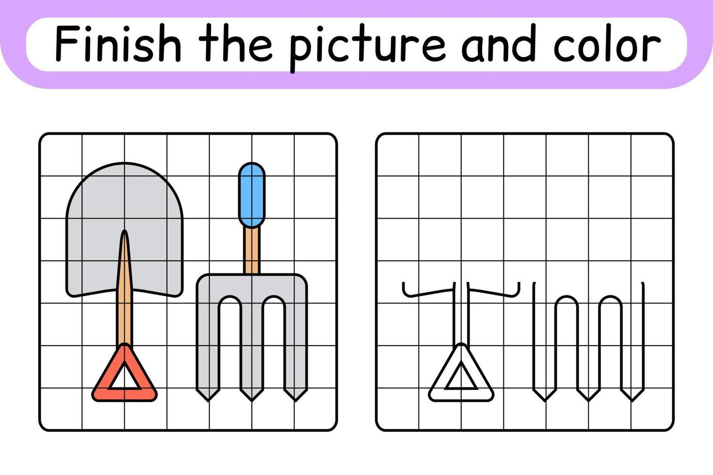 completare il immagine forcone e pala. copia il immagine e colore. finire il Immagine. colorazione libro. educativo disegno esercizio gioco per bambini vettore