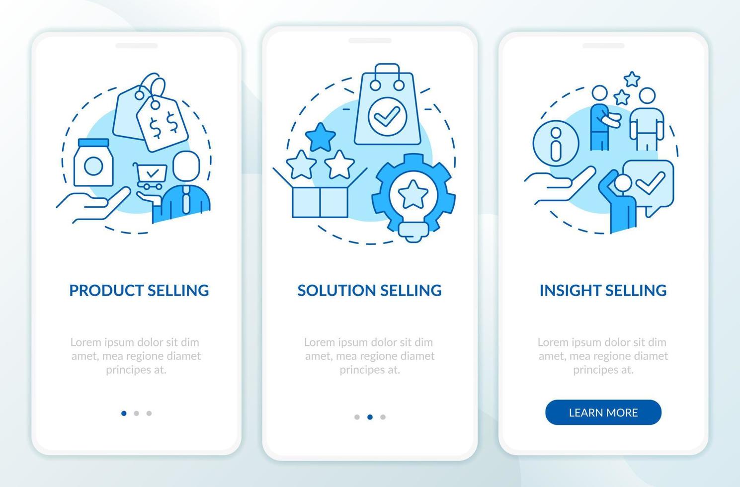 vendita tecniche blu onboarding mobile App schermo. i saldi metodi Procedura dettagliata 3 passaggi modificabile grafico Istruzioni con lineare concetti. ui, ux, gui modello. vettore