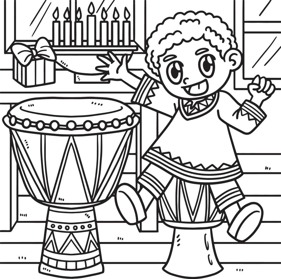 Kwanzaa bambino giocando djembe colorazione pagina vettore