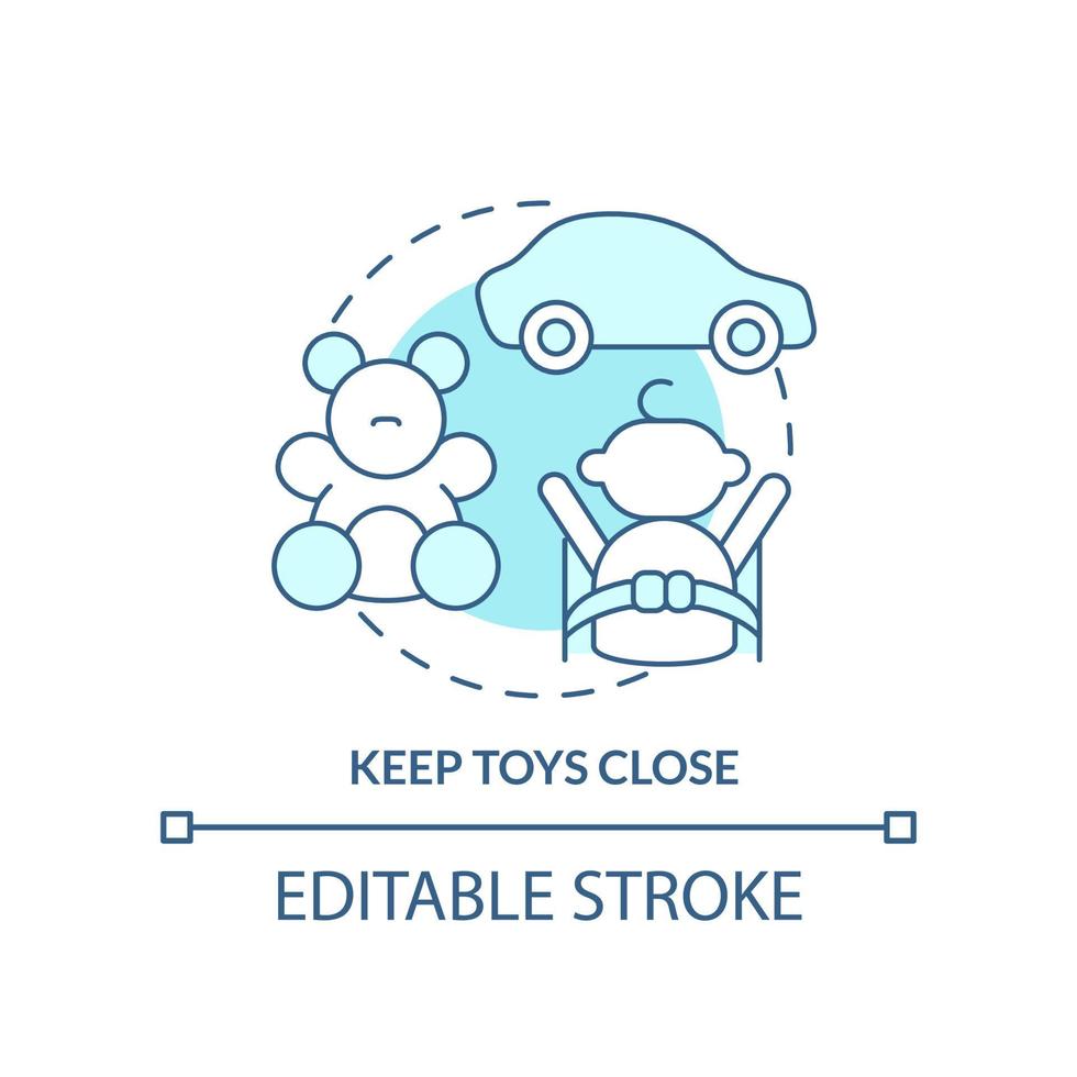 mantenere giocattoli vicino turchese concetto icona. contento bambino. viaggio con bambini piccoli consigli astratto idea magro linea illustrazione. isolato schema disegno. modificabile ictus. vettore
