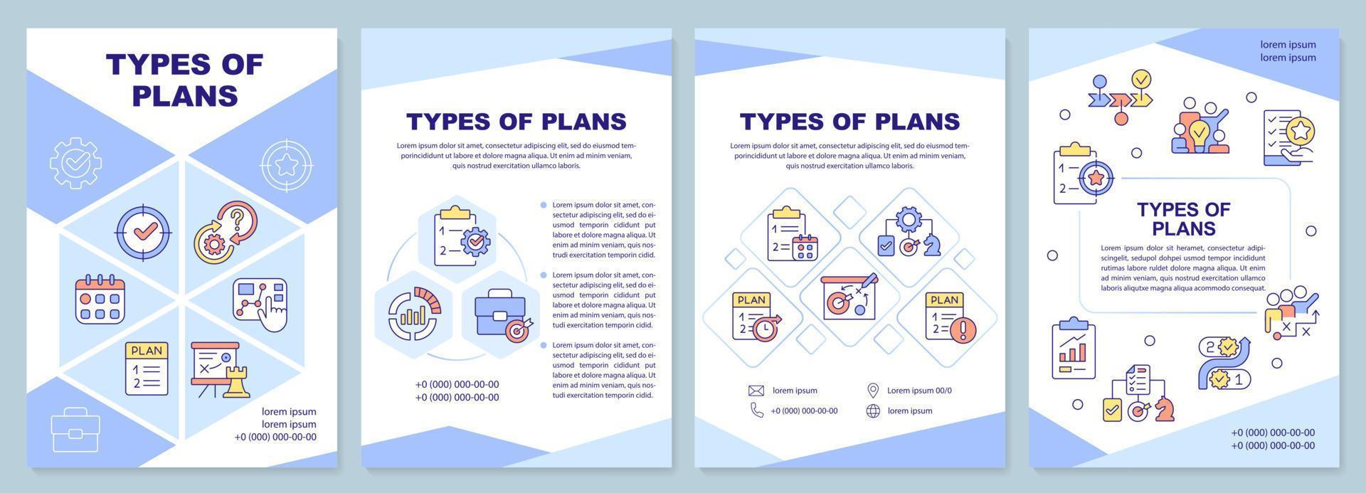 tipi di piani viola opuscolo modello. attività commerciale strategia. volantino design con lineare icone. modificabile 4 vettore layout per presentazione, annuale rapporti.