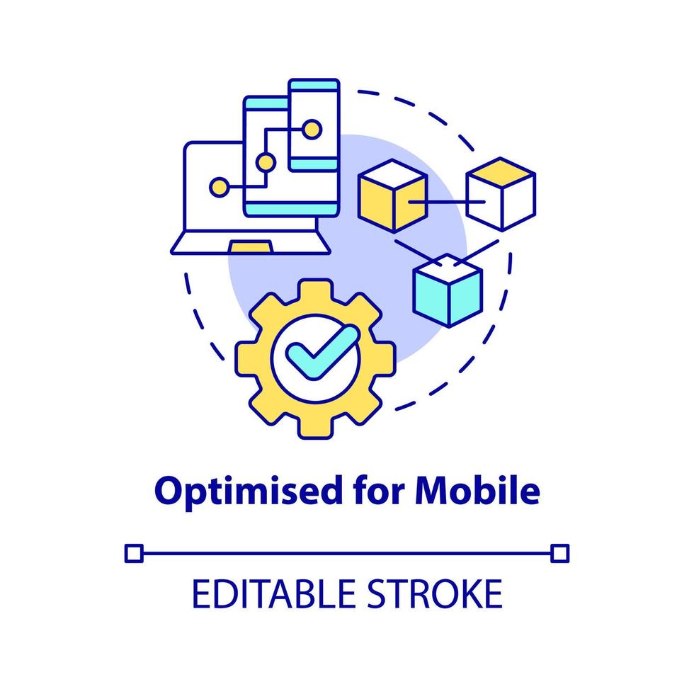 ottimizzato per mobile concetto icona. bene sito web caratteristica astratto idea magro linea illustrazione. regolazione schermo taglia. isolato schema disegno. modificabile ictus. vettore