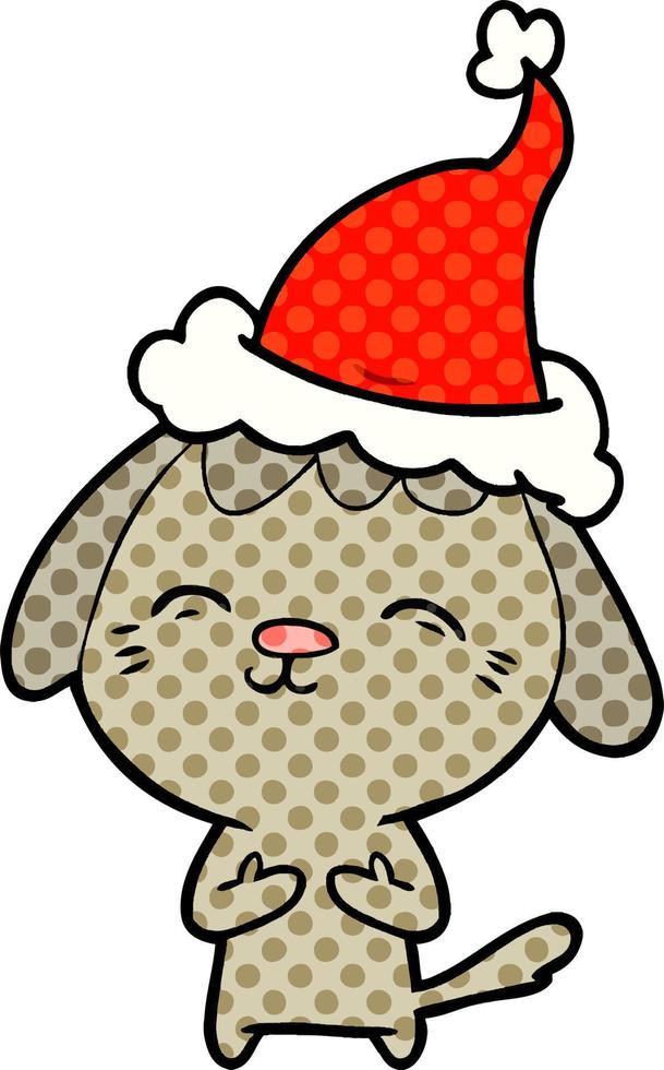 felice illustrazione in stile fumetto di un cane che indossa il cappello di Babbo Natale vettore