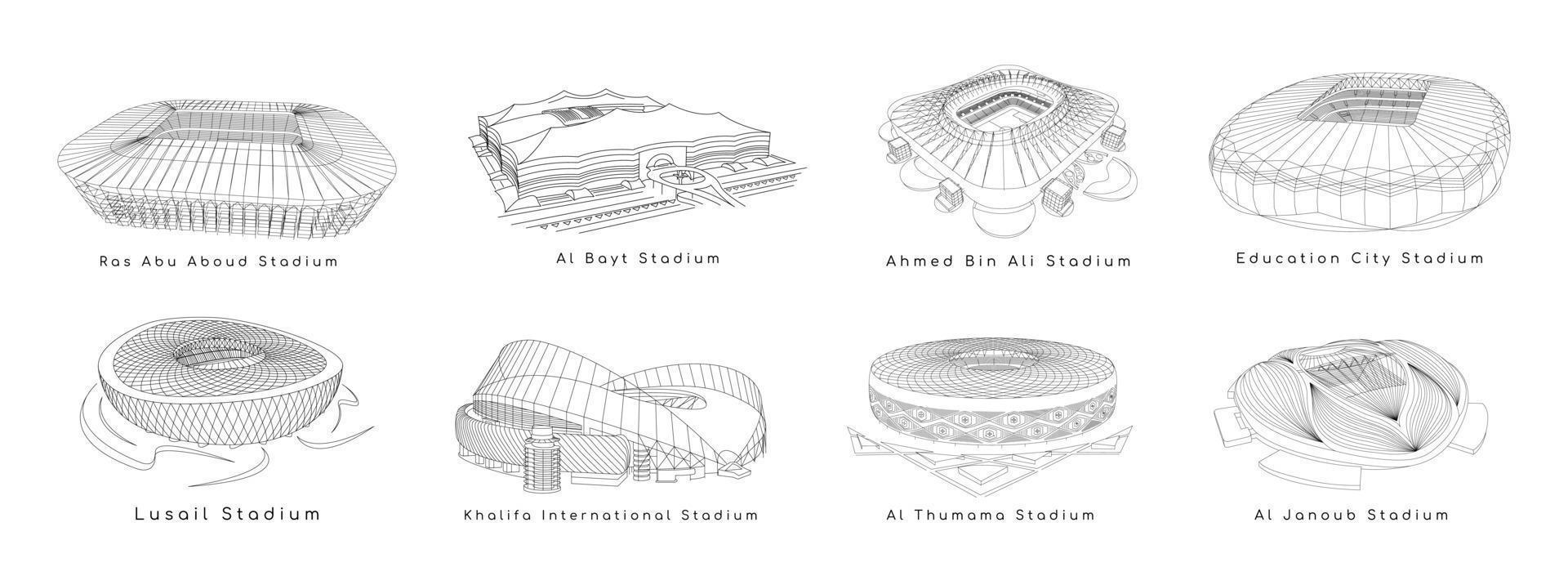 impostato di linea arte disegni per il Qatar 2022 mondo tazza stadio. impostato per il calcio arena. calcio stadio costruzione. mondo tazza. vettore