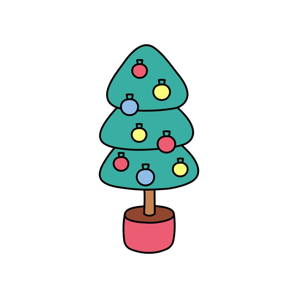 Natale albero nel pentola isolato. vettore illustrazione di festivo decorato scarabocchio poco albero. carino cartone animato Natale simbolo