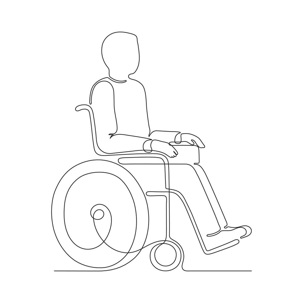 Disabilitato persona su sedia a rotelle schema, continuo uno arte linea disegno. cura e assistenza nel in movimento vecchio o ferito paziente. singolo mano disegnato, scarabocchio. sedia per invalidità trasporto. vettore