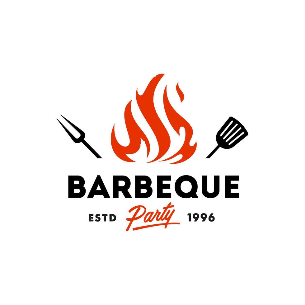 Vintage ▾ fricchettone griglia barbeque invito festa barbecue bbq con attraversato forchetta spatola e fuoco fiamma logo design vettore