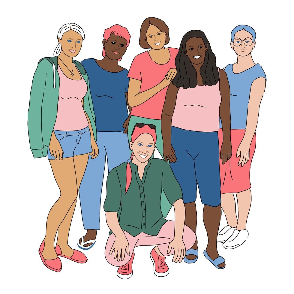 gruppo ritratto di diversità sorridente donna gratuito in posa insieme nel a piedi Abiti. colorato compagne di classe colleghi femmina amicizia squadra su vacanza viaggio o camminare vettore illustrazione