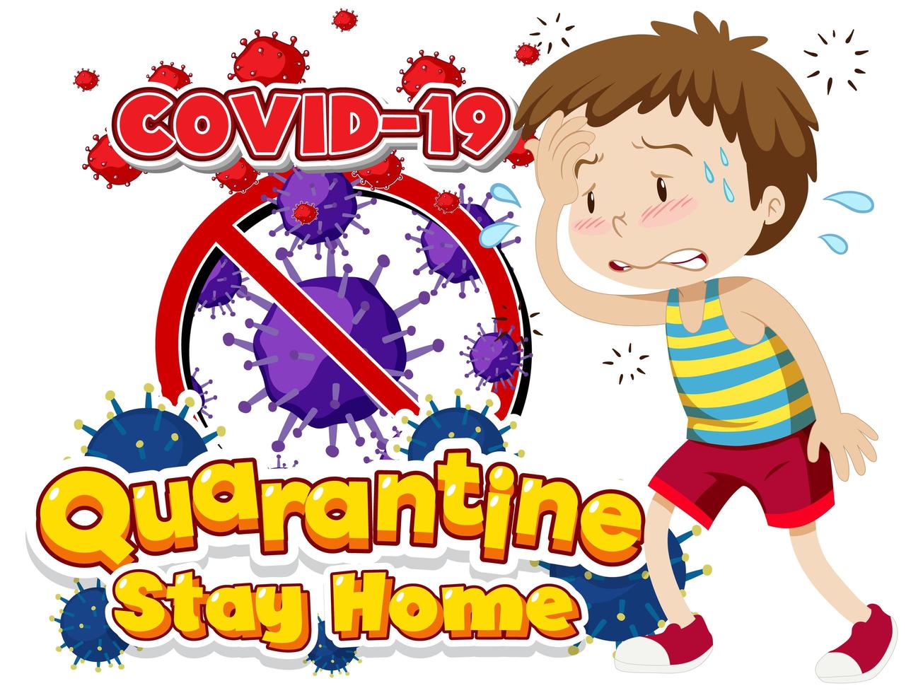 quarantine covid-19 con disegno di ragazzo malato vettore