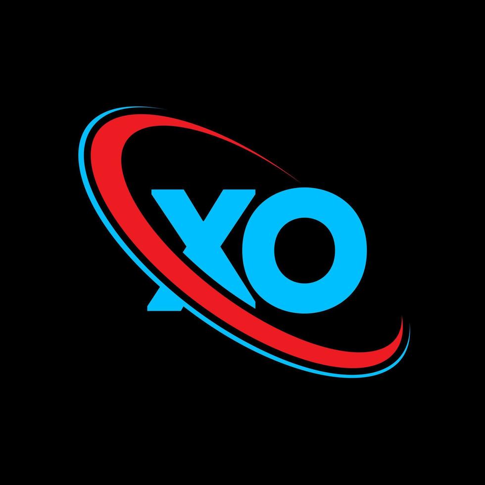 xo logo. xo design. blu e rosso xo lettera. xo lettera logo design. iniziale lettera xo connesso cerchio maiuscolo monogramma logo. vettore