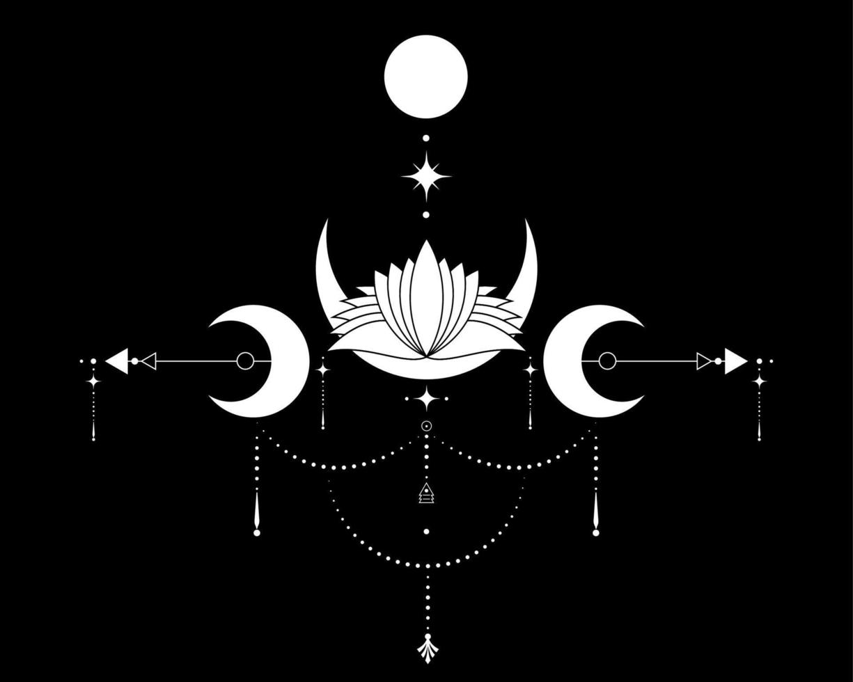 triplicare Luna, sacro geometria, mistico frecce e mezzaluna Luna, sacrale loto fiore, tratteggiata Linee nel boho stile, wiccan icona, alchimia esoterico mistico Magia cartello. vettore isolato su nero sfondo
