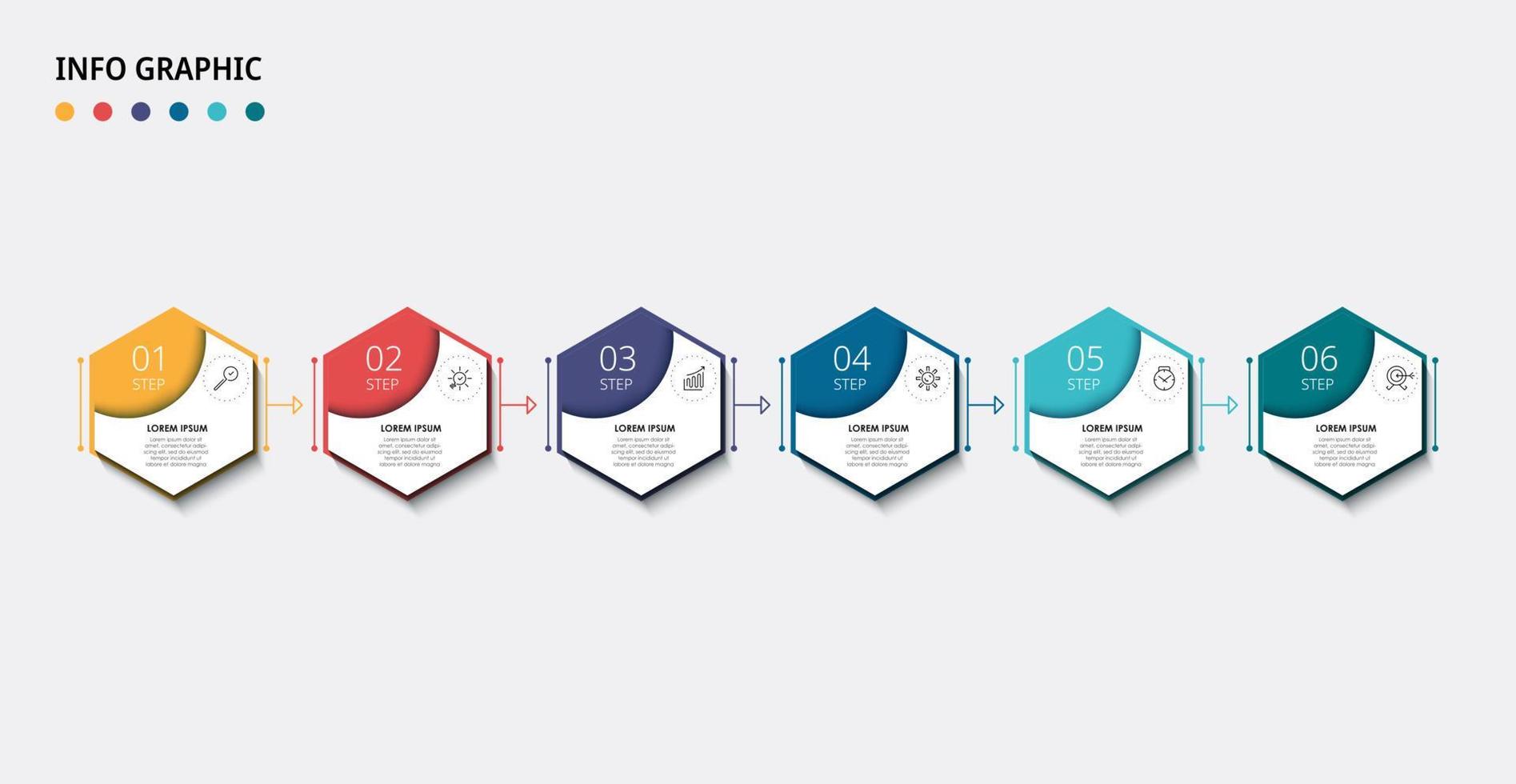 modello di business di progettazione infografica vettoriale con icone e 6 opzioni o passaggi. può essere utilizzato per diagramma di processo, presentazioni, layout del flusso di lavoro, banner, diagramma di flusso, grafico informativo