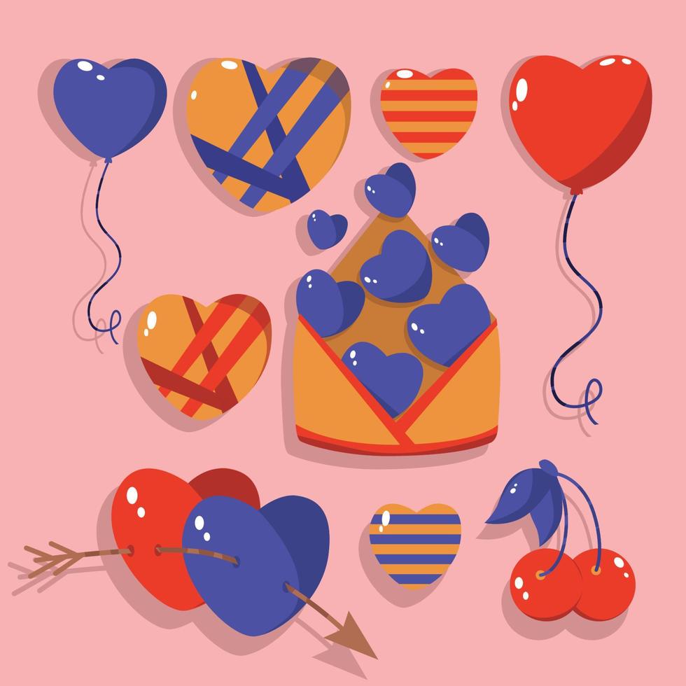 impostato di San Valentino giorno o compleanno adesivi elementi diverso cuori cuore palloncini ciliegia freccia Busta con cuori ideale per scrapbooking saluto carte festa inviti regalo tag vettore