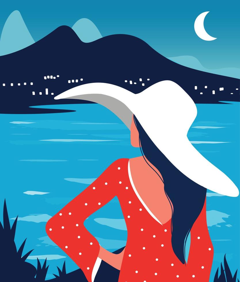 vettore illustrazione di un' ragazza nel un' cappello nel il estate su vacanza passeggiate lungo il spiaggia, il oceano sembra a il montagne e il città nel il distanza con il Luna