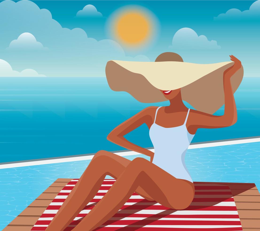 digitale illustrazione di un' ragazza nel un' cappello su vacanza nel il estate prende il sole sotto il luminosa sole di il piscina prospiciente il oceano mare vettore