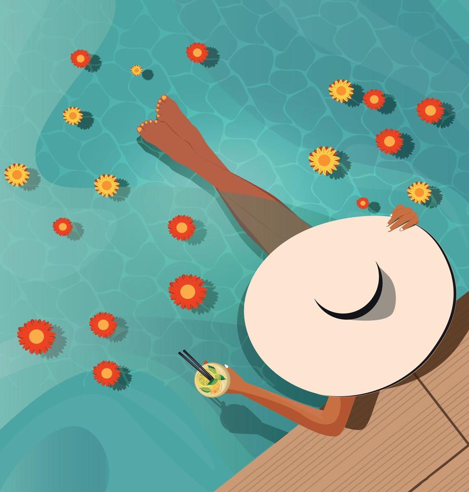 digitale illustrazione di un' ragazza nel il estate su vacanza nuota, prende il sole e bevande un' succo cocktail nel un' piscina con fiori vettore