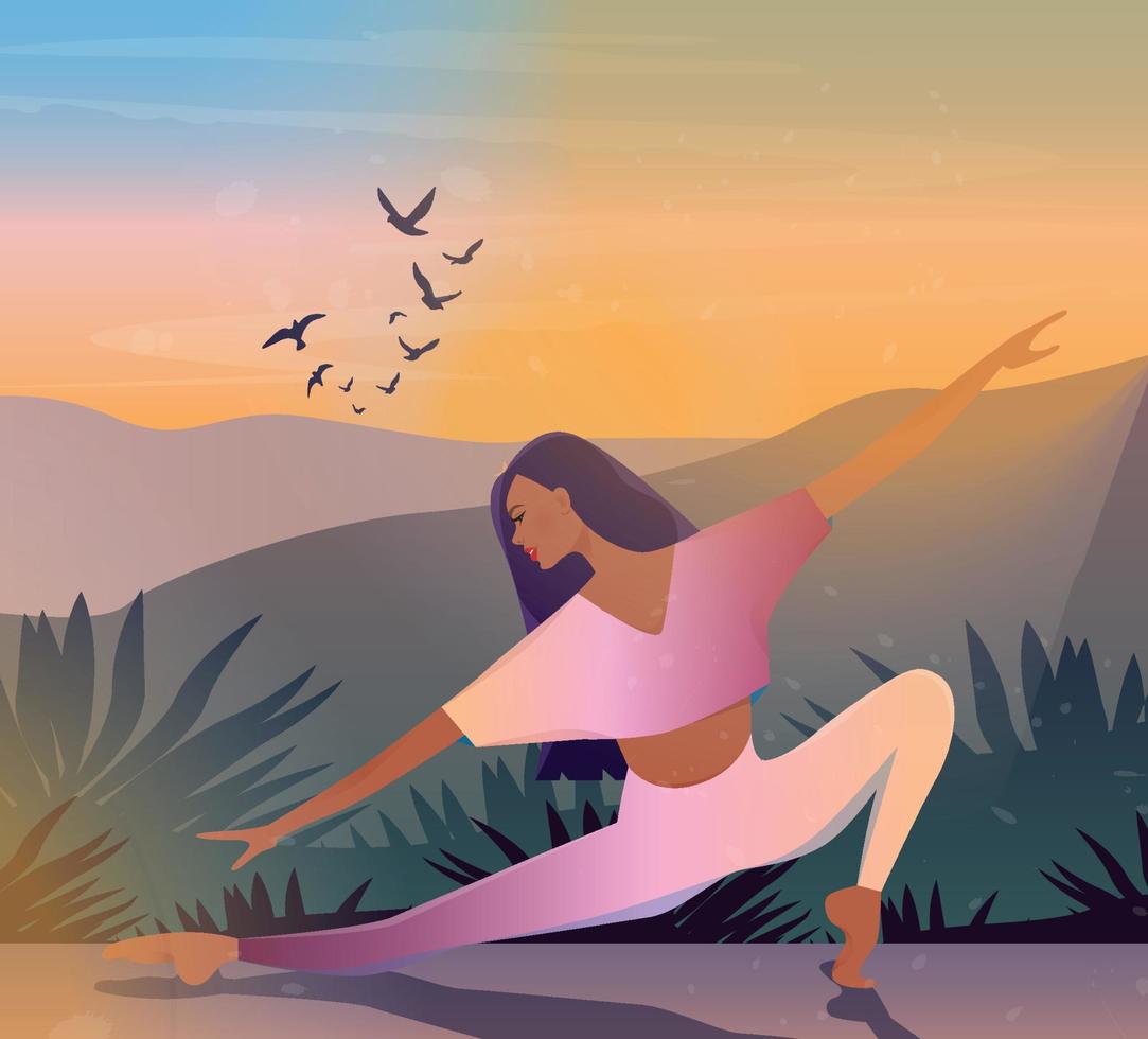 digitale illustrazione di un' ragazza fare yoga a tramonto nel luminosa Fata colorato colori su un' sfondo di montagne e uccelli vettore