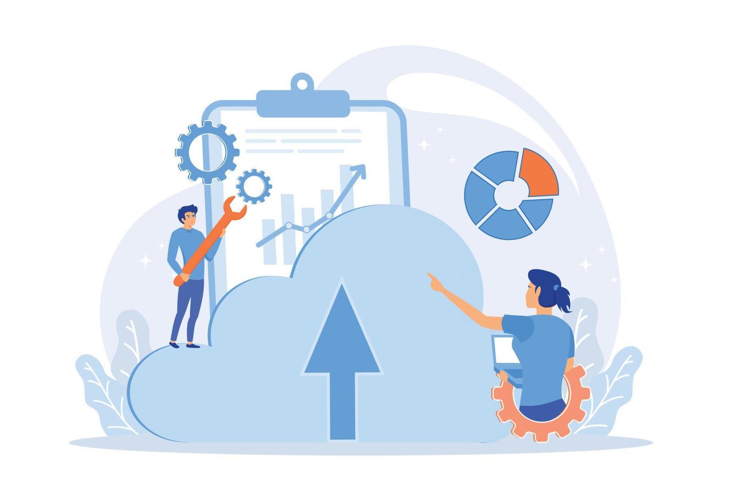 sviluppatore Lavorando su il computer portatile con nube dati. calcolo applicazioni, sviluppando nube sistema, nube risorse soluzione attività commerciale i problemi concetto. vettore