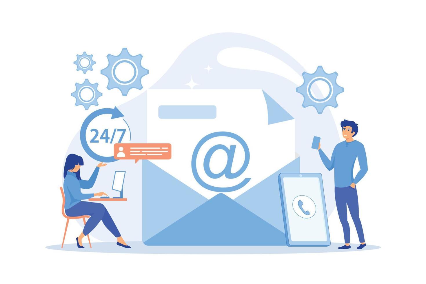 e-mail marketing, Internet chattare, 24 ore sostegno. ottenere nel tocco, iniziato contatto, contatto noi, risposta in linea modulo, parlare per i clienti concetto. piatto vettore moderno illustrazione