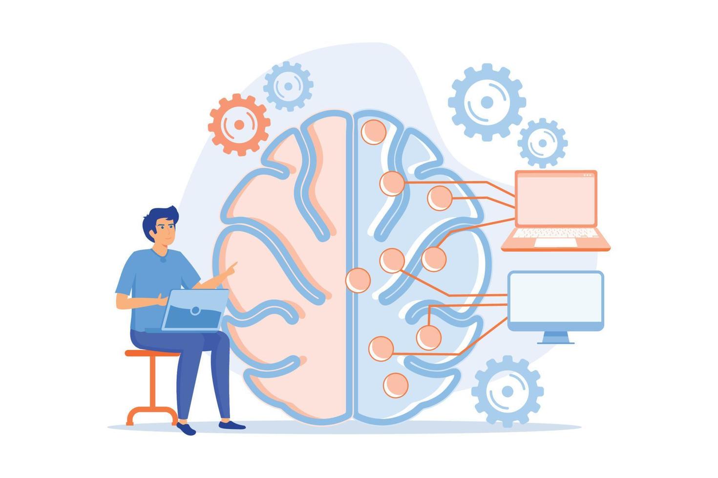 cervello con digitale circuito e programmatore con il computer portatile. macchina apprendimento, artificiale intelligenza, digitale cervello e artificiale pensiero processi concetto. piatto vettore moderno illustrazione