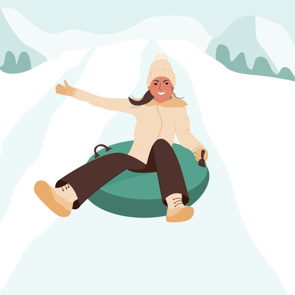 adorabile gioioso ragazza discende a partire dal un' neve diapositiva su un' neve tubo. inverno all'aperto attività per bambini. cartone animato vettore illustartion
