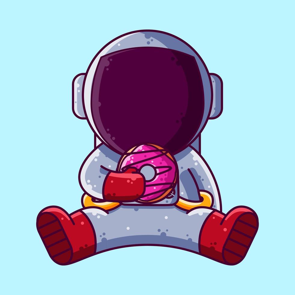 carino astronauta mangiare ciambella cartone animato vettore illustrazione. cartone animato stile icona o portafortuna personaggio vettore.