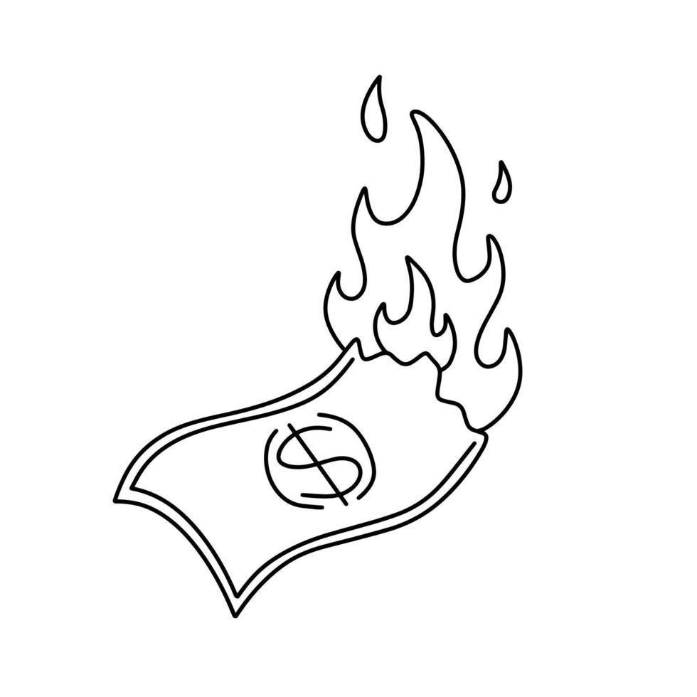 dollaro in fiamme. disegnare soldi in fiamme. affari falliti e crisi economica. perdita e inflazione. illustrazione del fumetto di scarabocchio vettore