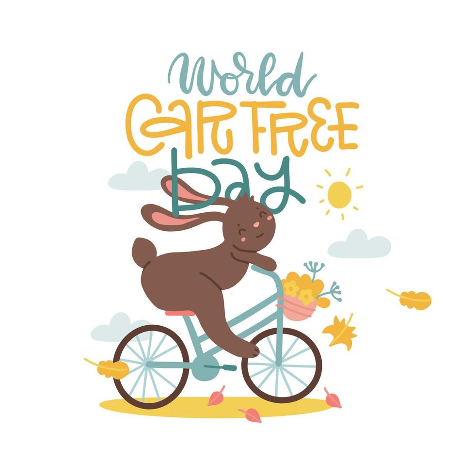 auto gratuito giorno festeggiare concetto. settembre 22. freddo coniglio equitazione bicicletta. mondo auto tassa giorno - lettering testo. piatto mano disegnato vettore illustrazione isolato su un' bianca sfondo.