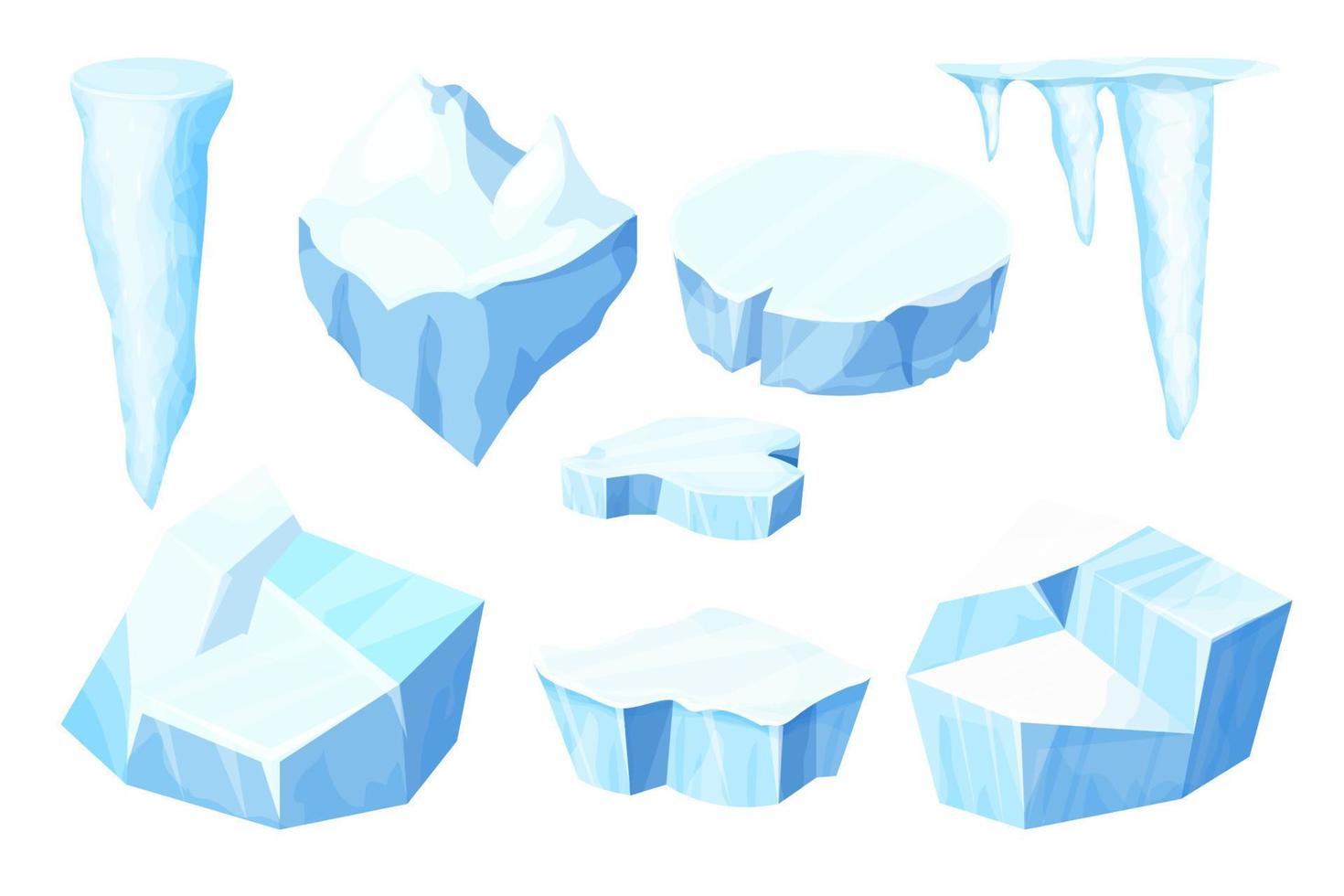 impostato ghiaccio lastrone, congelato acqua pezzo, iceberg nel cartone animato stile isolato su bianca sfondo. polare paesaggio elemento, ui gioco bene. inverno decorazione. vettore illustrazione