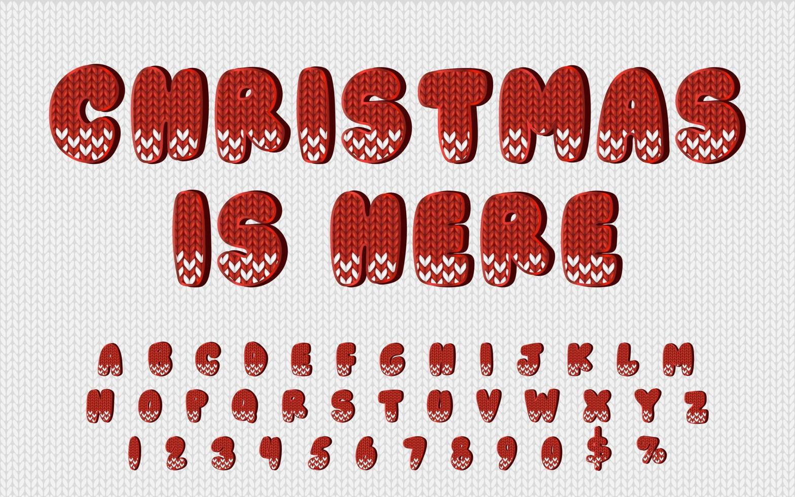 Natale è Qui lettering con pieno inglese alfabeto e simboli. lettere con maglia struttura e moderno comporre. abc per creativo inverno manifesti e banner vettore