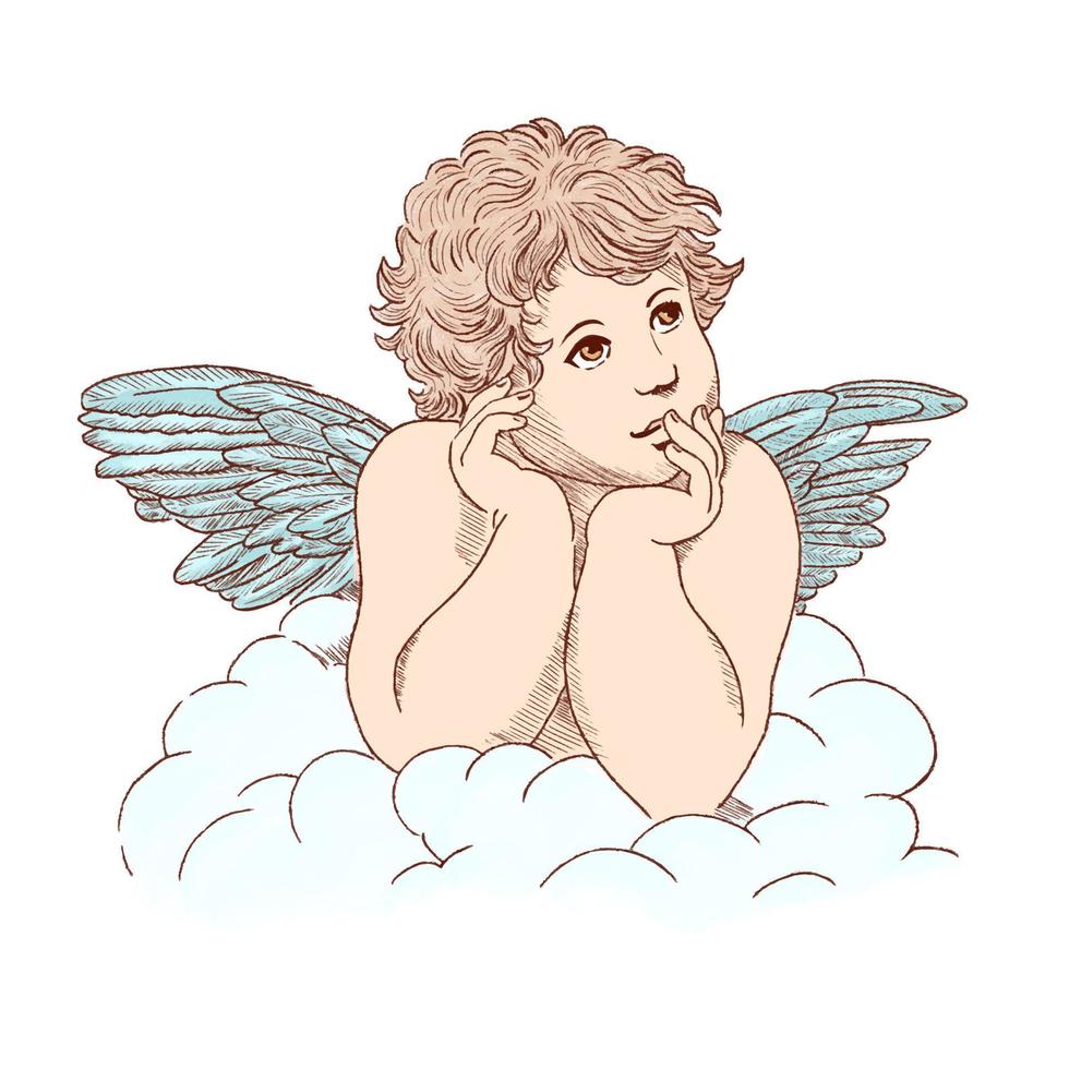 poco angelo Cupido vettore, pregando, pensiero o triste angelo. vettore
