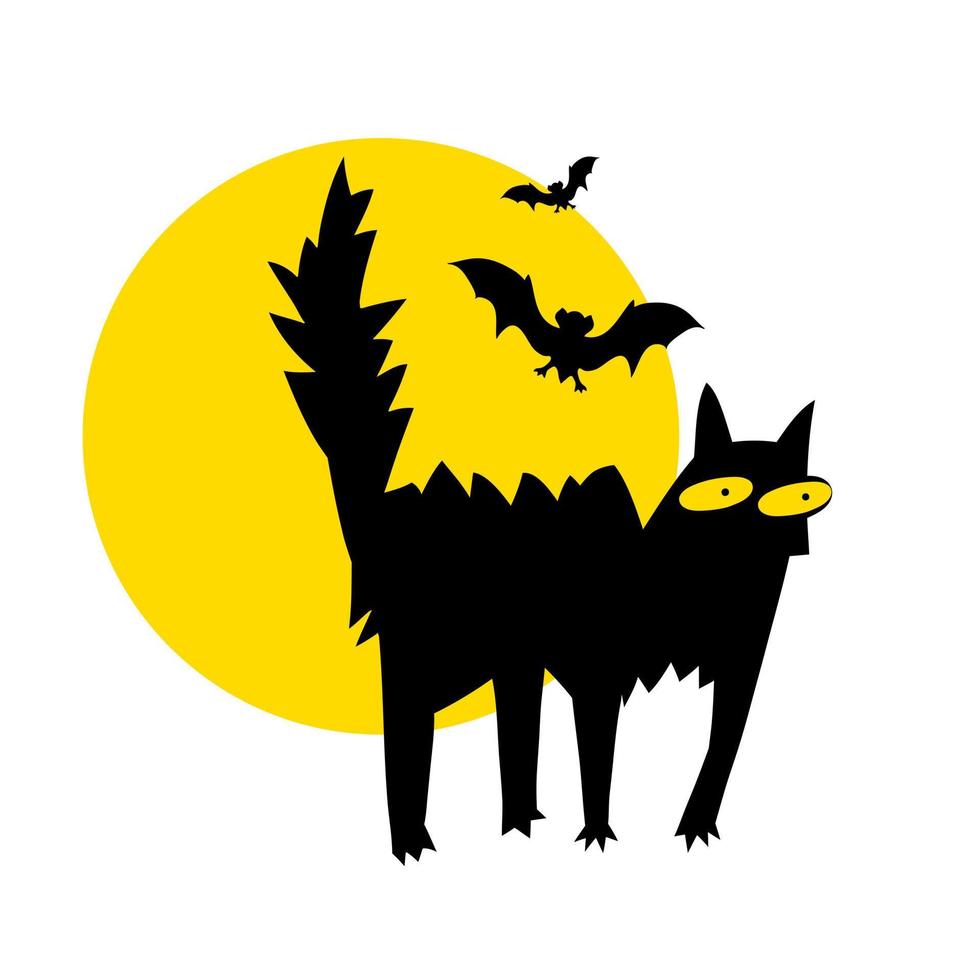 nero gatto su il sfondo di il Luna con pipistrelli. Halloween tema vettore