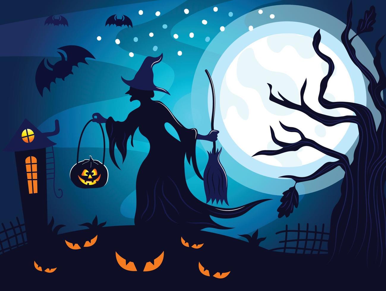 spaventoso Halloween fantasia vettore castello strega zucca pipistrello blu chiaro di luna sfondo illustrazioni.