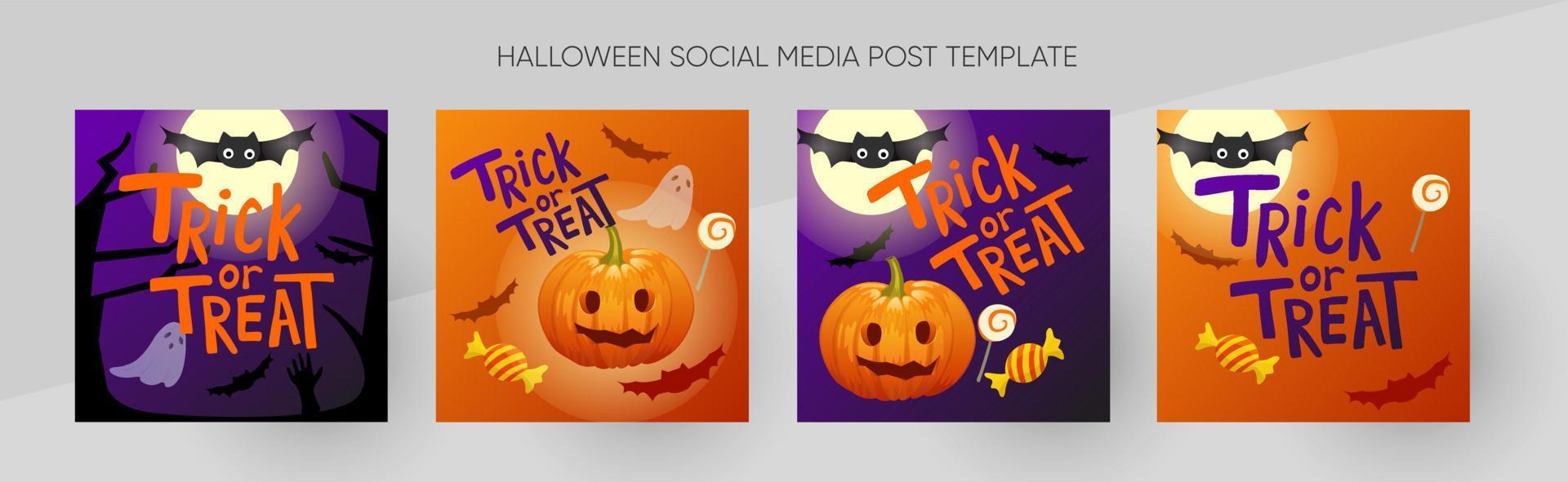 Halloween sociale media inviare vettore modello impostare. trucco o trattare con caramella, zucca e pipistrelli su buio viola sfondo. spaventoso vettore illustrazione.