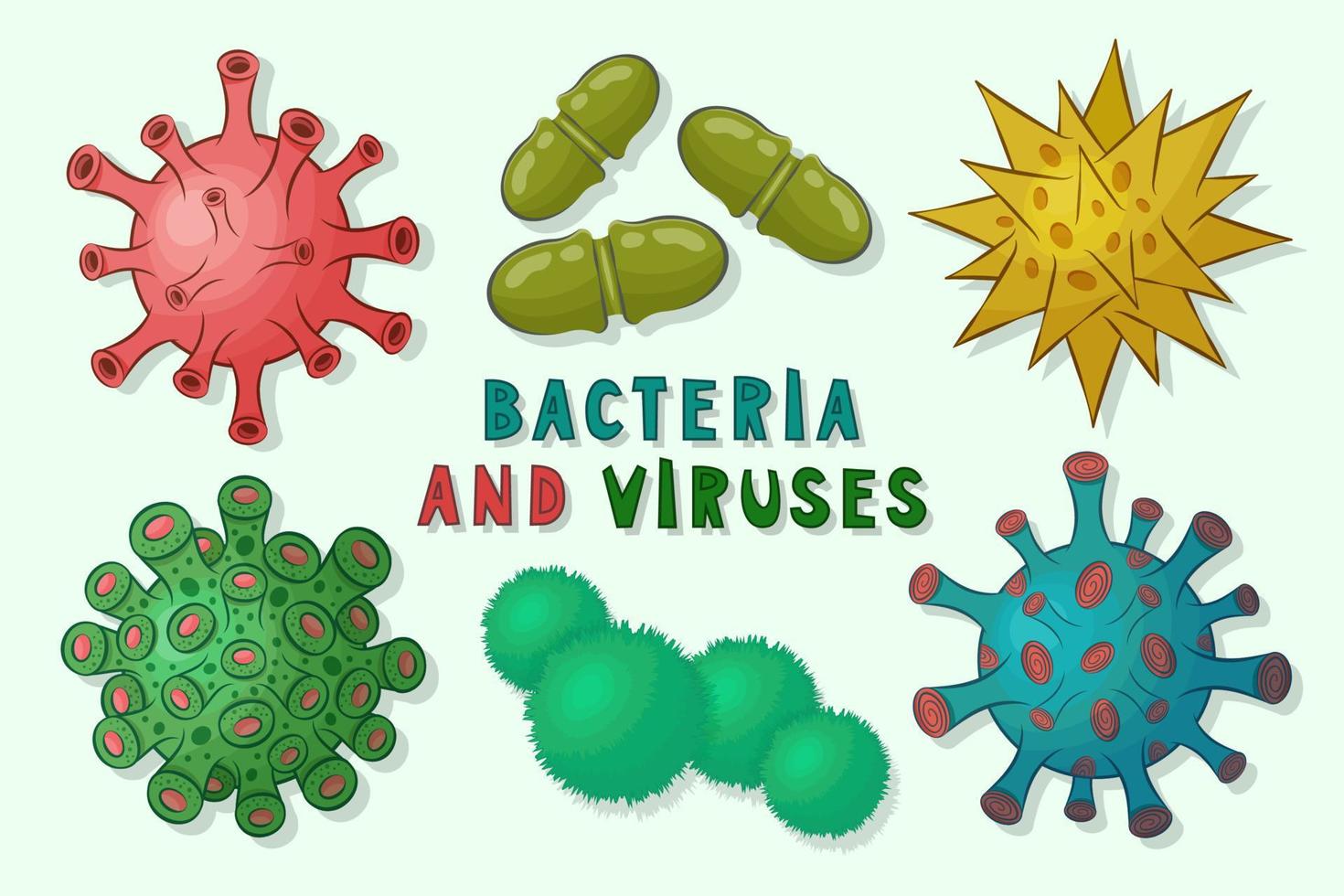 patogenicità virus, germi, microrganismi, microbi isolato su leggero sfondo.raccolta di colorato cartone animato virus e batteri con luminosa multicolore testo.vettore piatto illustrazione. vettore