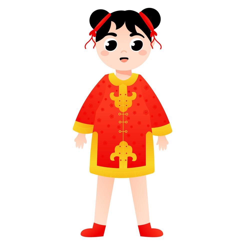 carino ragazza nel Cinese nazionale costume in piedi nel cartone animato stile per lunare nuovo anno, decorativo elemento per design isolato su bianca sfondo vettore