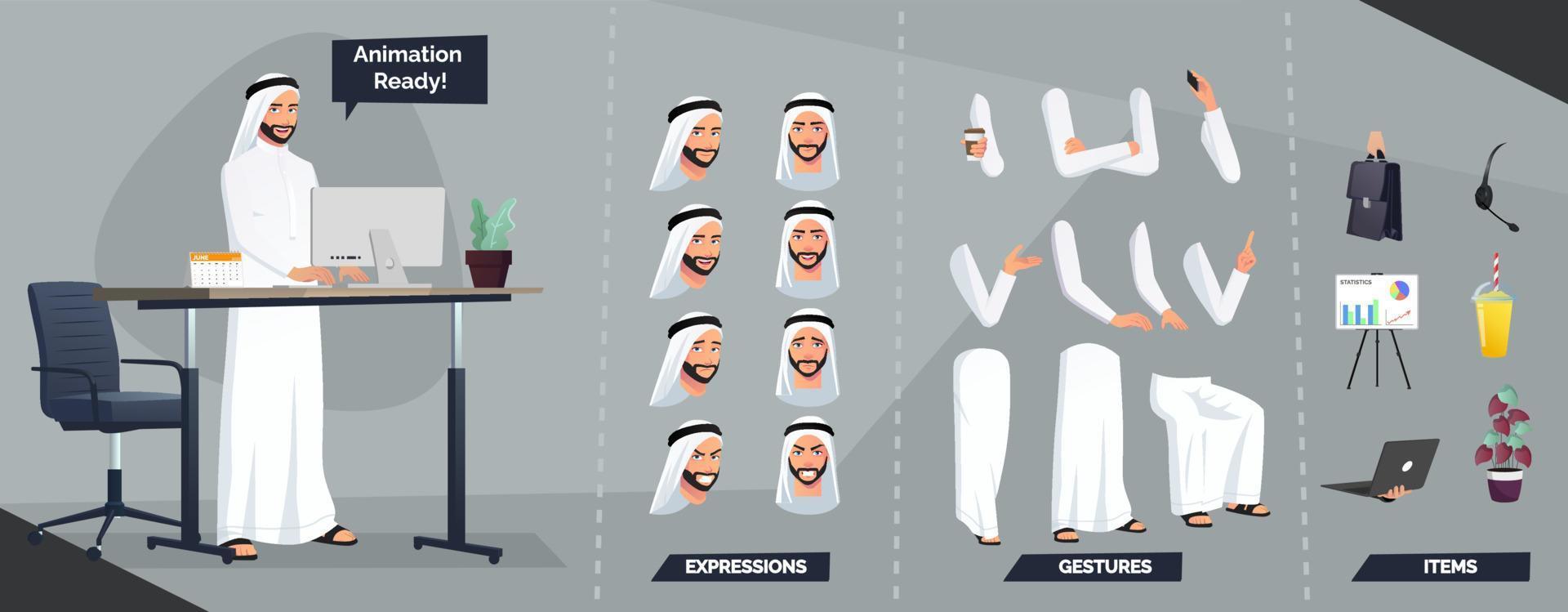 stilizzato arabo musulmano uomo personaggio creazione con tradizionale Arabia panni e turbante vettore