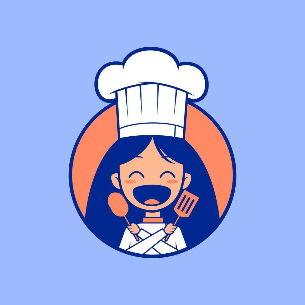 divertente femmina capocuoco cucinando maestro cartone animato emblema logo vettore
