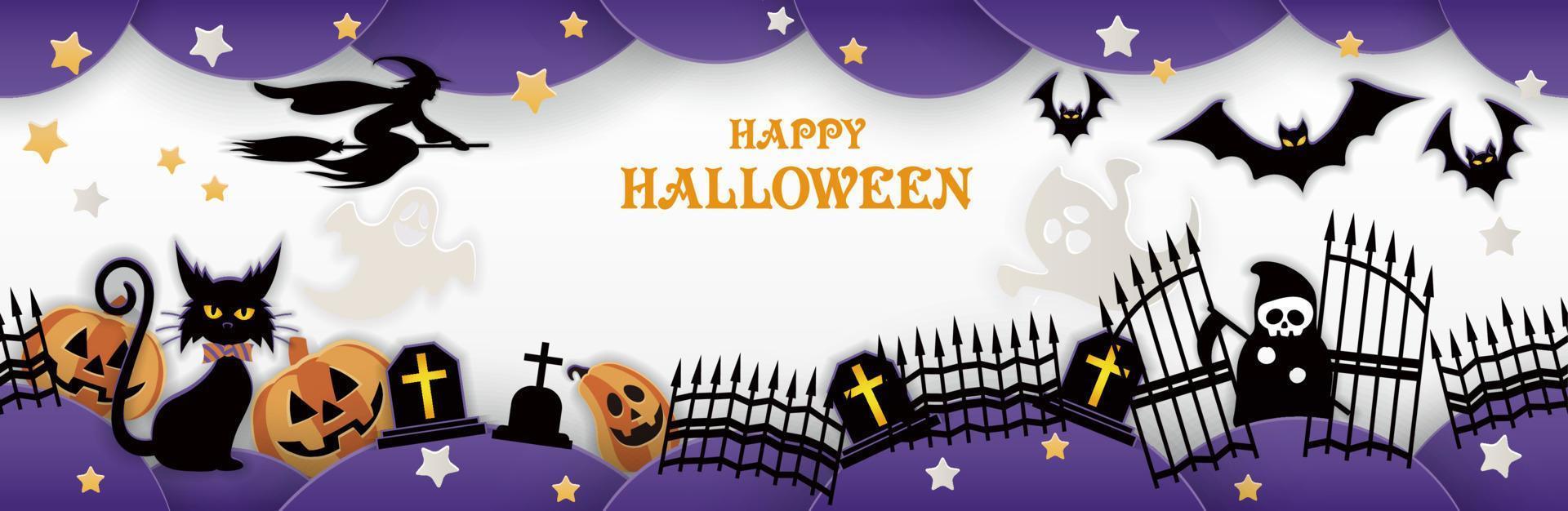 senza soluzione di continuità contento Halloween vettore sfondo illustrazione con un' nero gatto, un' strega, fantasmi, jack-o-lantern, cimitero, e pipistrelli. orizzontalmente ripetibile.
