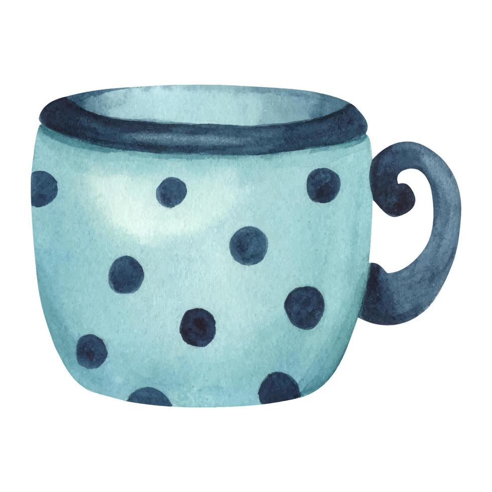 fatto a mano ceramica blu polka punto tazza fatto di argilla, evidenziato su un' bianca sfondo. un' boccale per ricamo. acquerello illustrazione per saluto carta, menù disegno, tessili, manifesto vettore