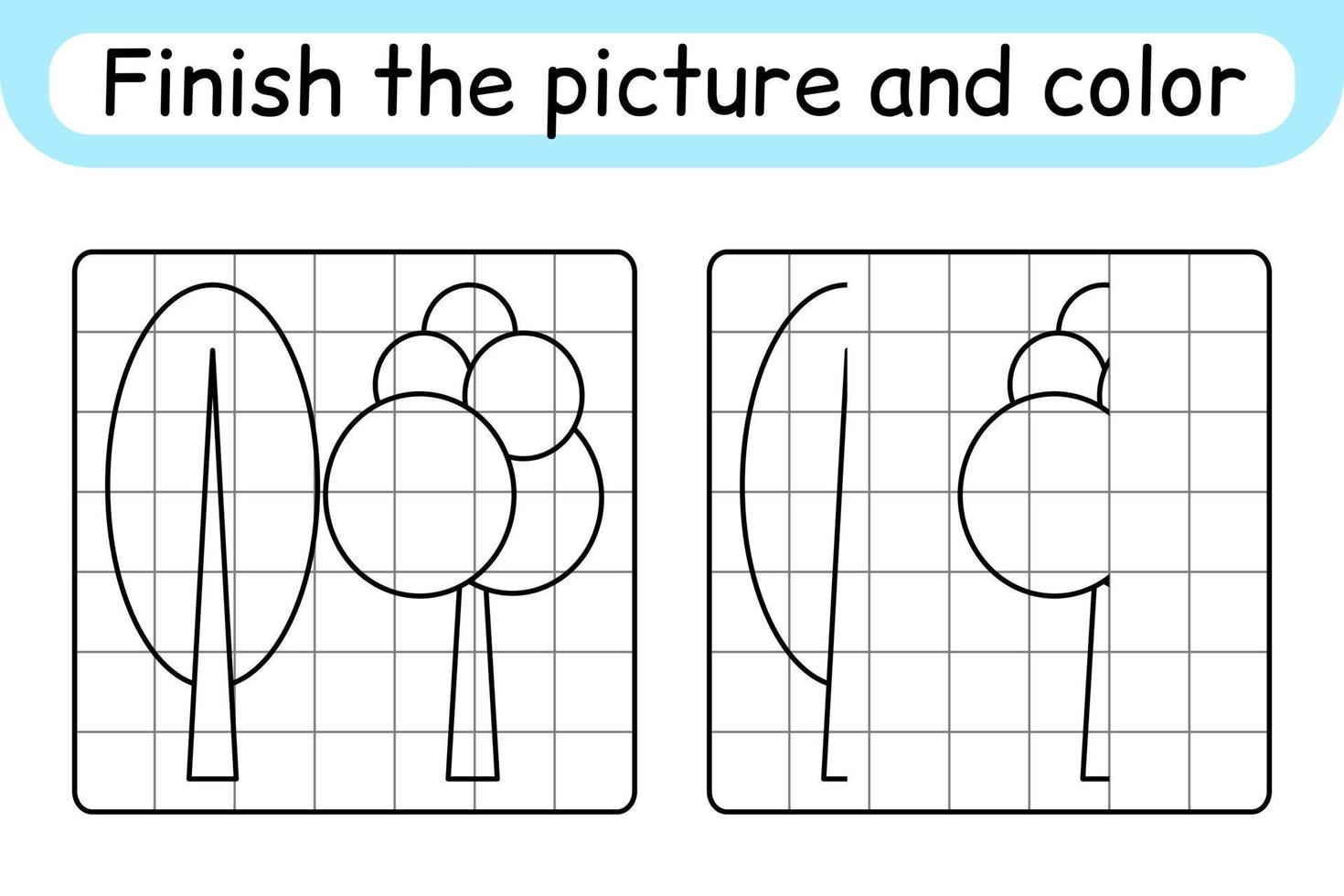 completare il immagine albero. copia il immagine e colore. finire il Immagine. colorazione libro. educativo disegno esercizio gioco per bambini vettore