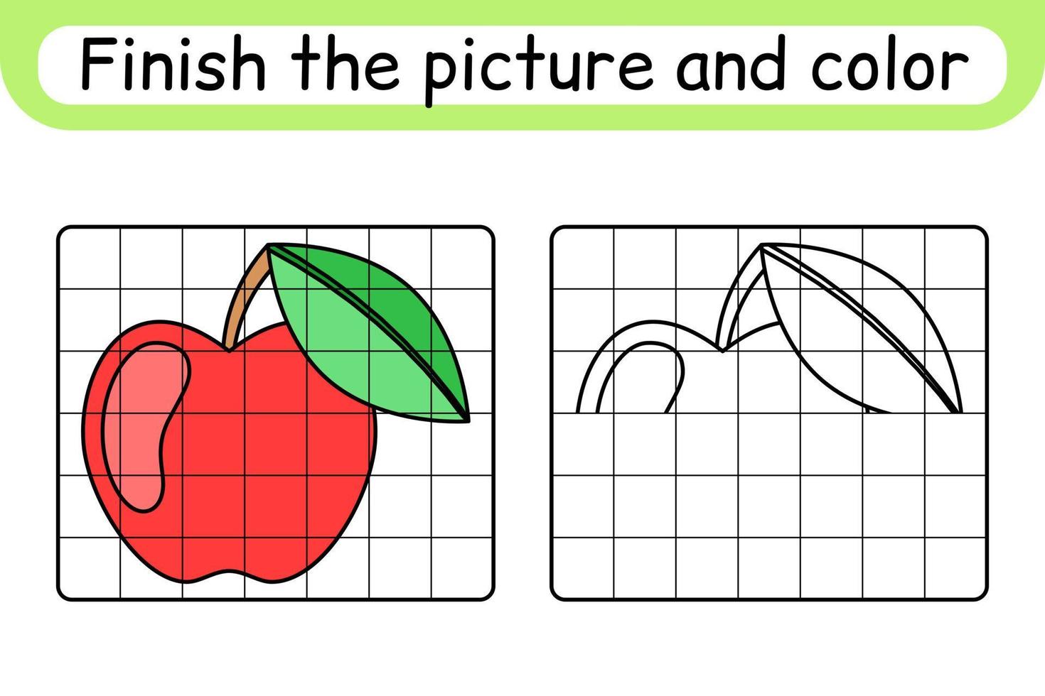 completare il immagine Mela. copia il immagine e colore. finire il Immagine. colorazione libro. educativo disegno esercizio gioco per bambini vettore