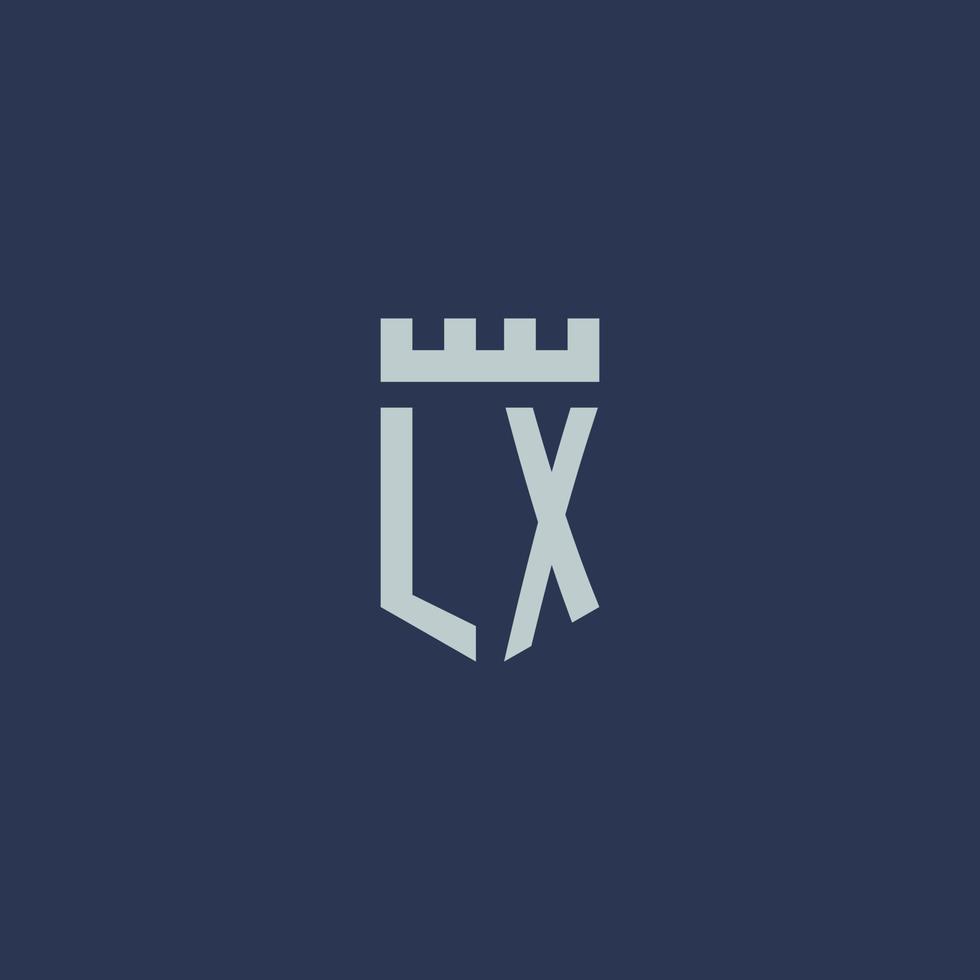 lx logo monogramma con fortezza castello e scudo stile design vettore