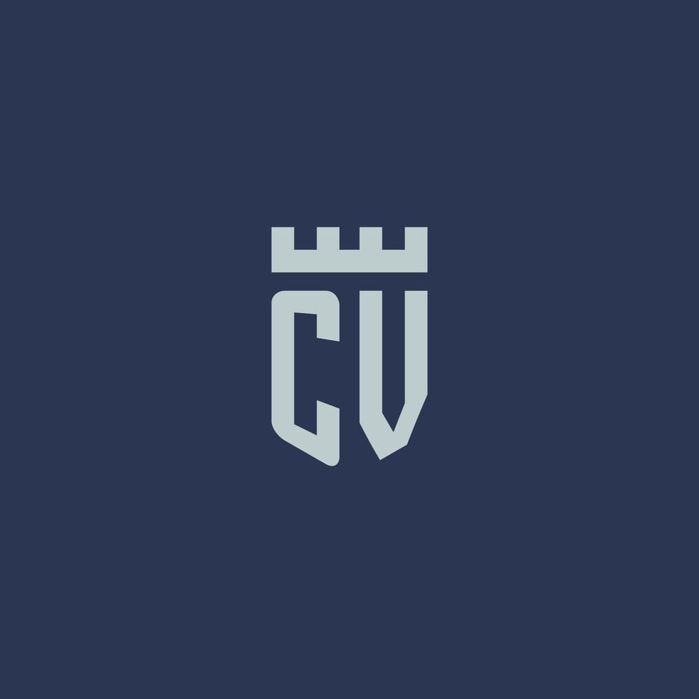 CV logo monogramma con fortezza castello e scudo stile design vettore