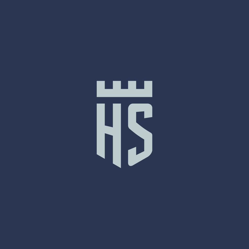 hs logo monogramma con fortezza castello e scudo stile design vettore