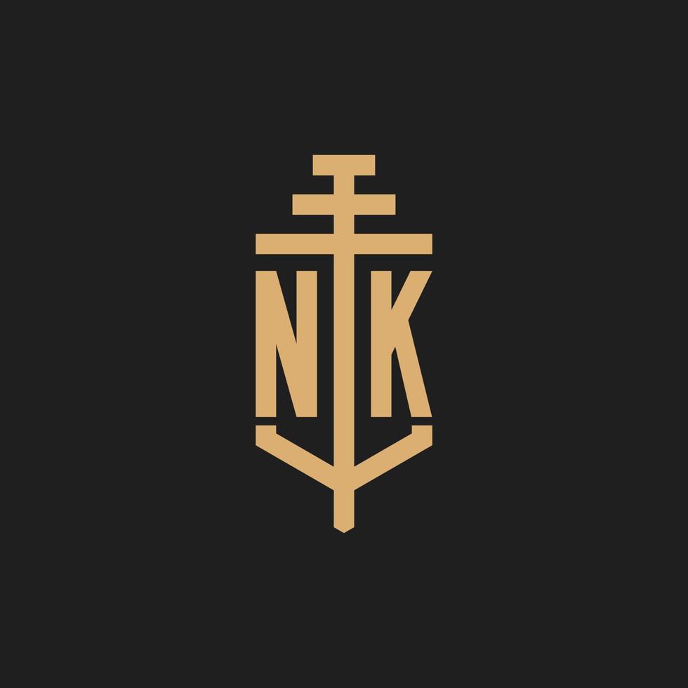 nk logo iniziale monogramma con pilastro icona disegno vettoriale