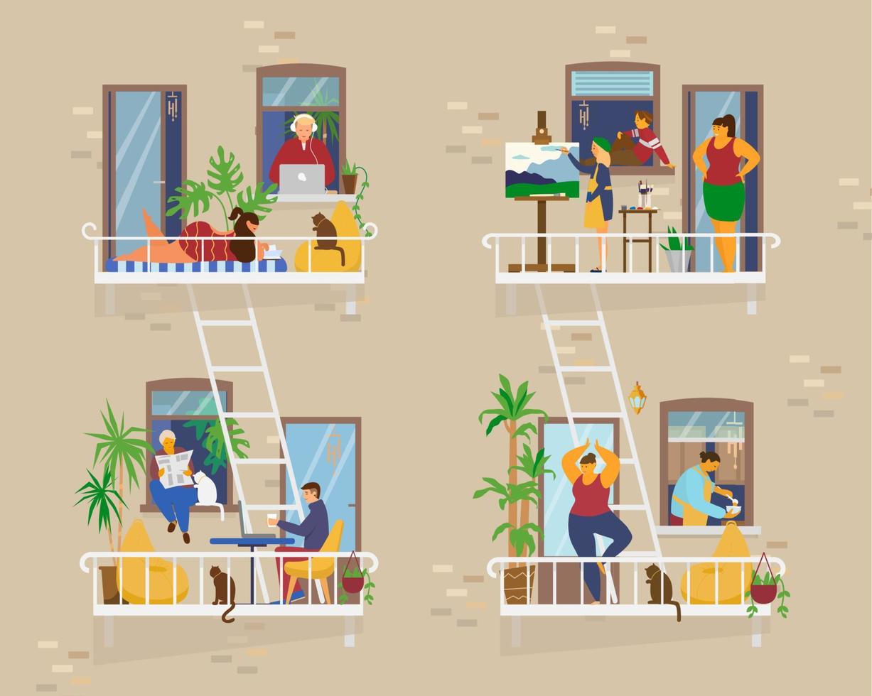 balconi con persone durante quarantena. vicinato su socail isolamento. Lavorando, prendere il sole, la pittura, cucinando, fare yoga, lettura.piatto vettore illustrazione.